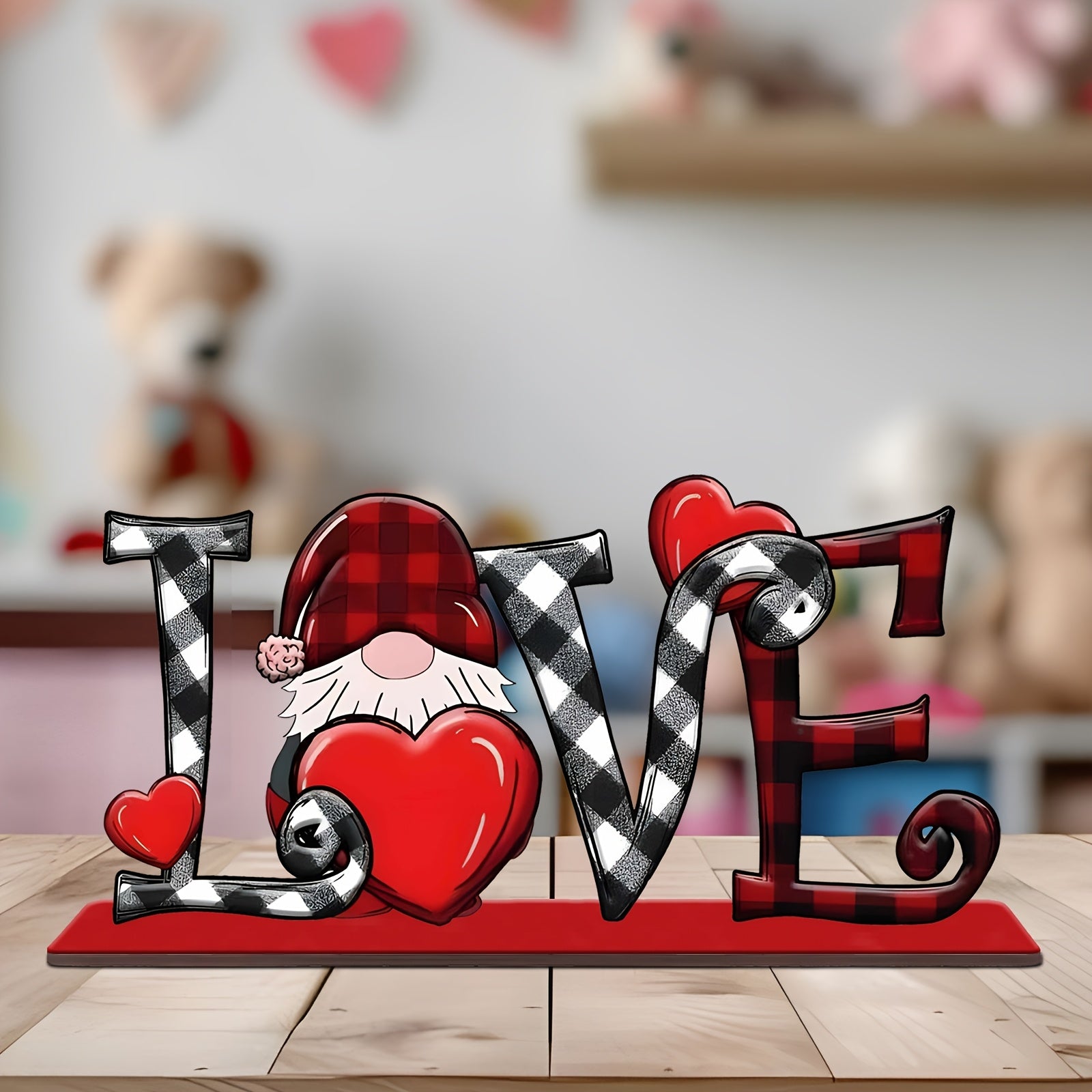 TEMU Gnome Love Wooden Sign - Festive Valentine's Day Tabletop Centerpiece With Checkered - Removable Home & Outdoor Party Decor, Contemporary Style,