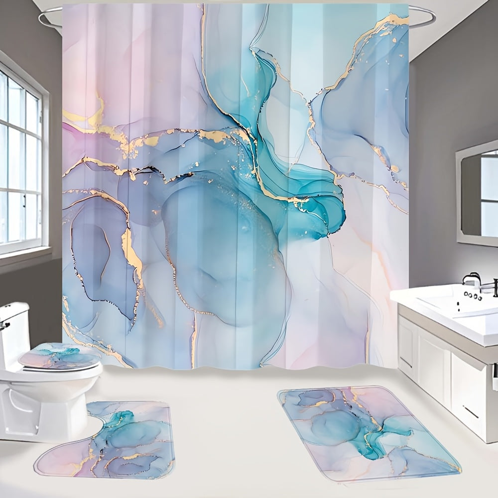 TEMU 1-4pcs Light Blue Marble Patterned Shower Curtain, Shower Curtain Set High Quality Polyester Shower Curtain With 12 Hooks, Non-slip Mat, Toilet