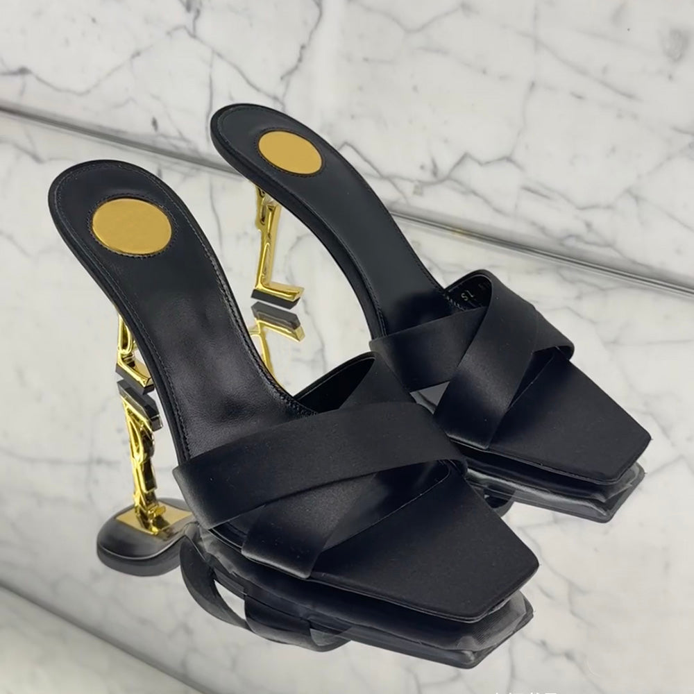 new Satin mules Sandals Metal heel Patent leather Roman sandals Ladies&#039; luxury designer dinner party shoes Factory footwear size 35-42