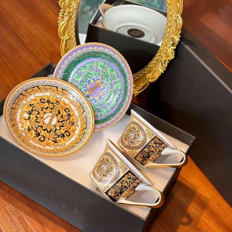 European High-end Ceramic Coffee Cups and Plates Exquisite Royal Gold Edged Mugs Household Breakfast Coffee Set Kitchen Utensils