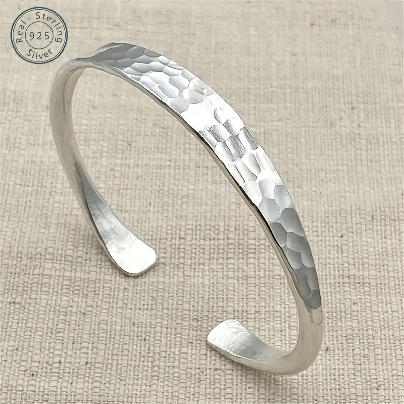 TEMU 925 Sterling Silvery Hammer Handmade Bracelet, Ripple Opening Bracelet, Simple And Shiny, Thick And Sturdy, Daily Gift For Her Mother,