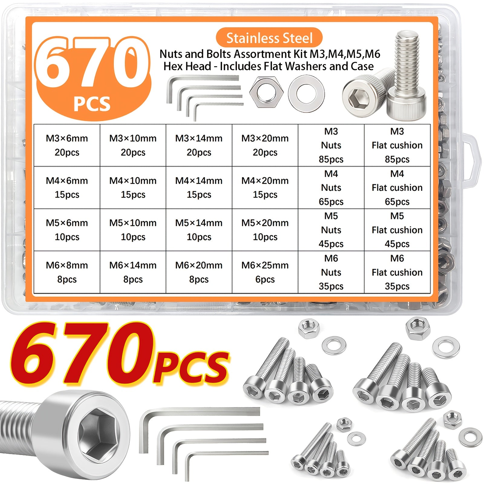 TEMU 670pcs Stainless Steel Hex Bolts And Nuts Combo Set, M3, M4, M5, M6 Sizes, Hex - With 4 Hex Wrenches, Bolts, Nuts And Flat Washers Set, Suitable
