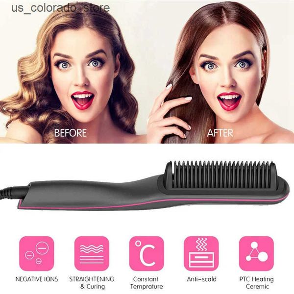Electric Hair Brushes Ceramic Ionic Hair Straightener Brush for Home Salon Anti-Scald Heating Comb with Universal Dual Voltage Rotatable Pow
