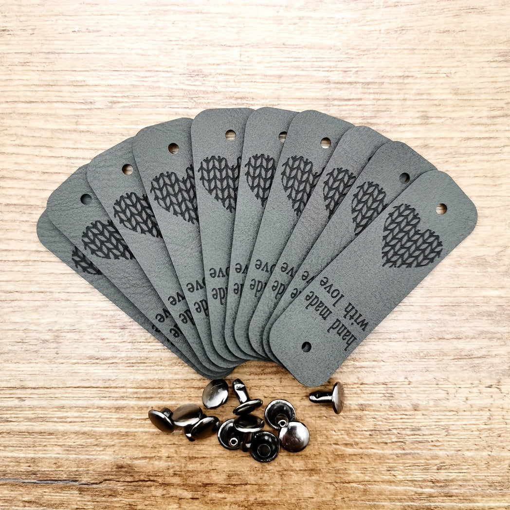 TEMU 10pcs Handmade Leather Tags & 10 Metal Buttons - Beige Leather Craft Labels For Knitting, Crochet Projects & Handmade Goods