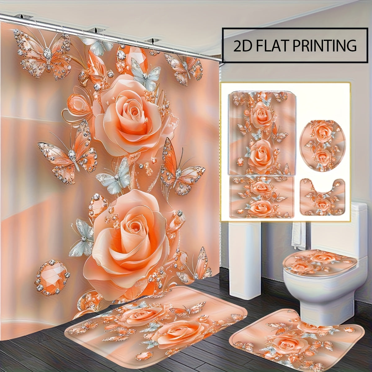 TEMU 4pcs Curtain Bathroom Sets, Fashion Shower Curtain Sets With Rug, Abstract Modern Shower Curtain Set, With 12 Hook, Bath Mat, U-shaped Bath Mat