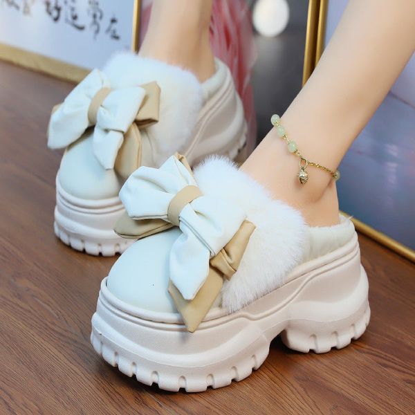 7.5 cm super high winter slippers woman new gothic bow knot furry slides ladies waterproof platform mules women fur clog slipper
