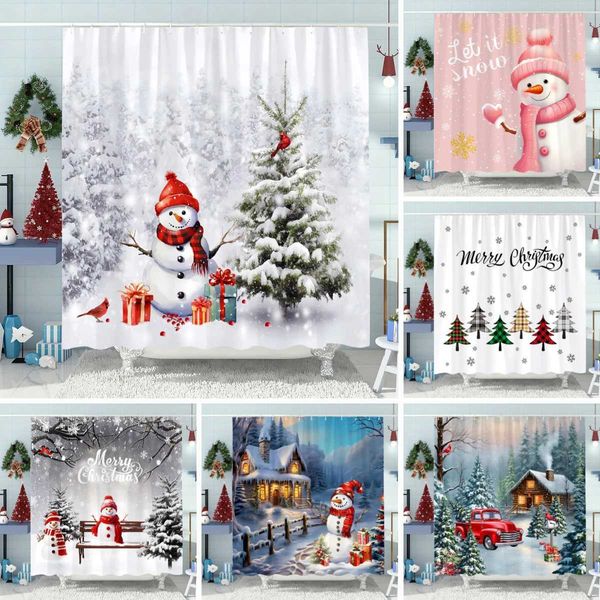 Snowman Christmas Tree Shower Curtain Merry Christmas Gift Polyester Fabric Home Shower Curtain Bathroom Decoration with Hooks M240824