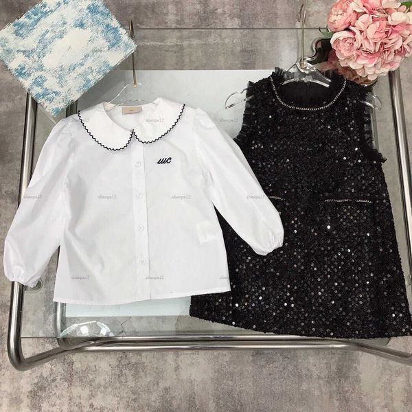 Luxury girls dress set Autumn set kids designer clothes Collar white shirt and sparkling sequin embellished sleeveless dress