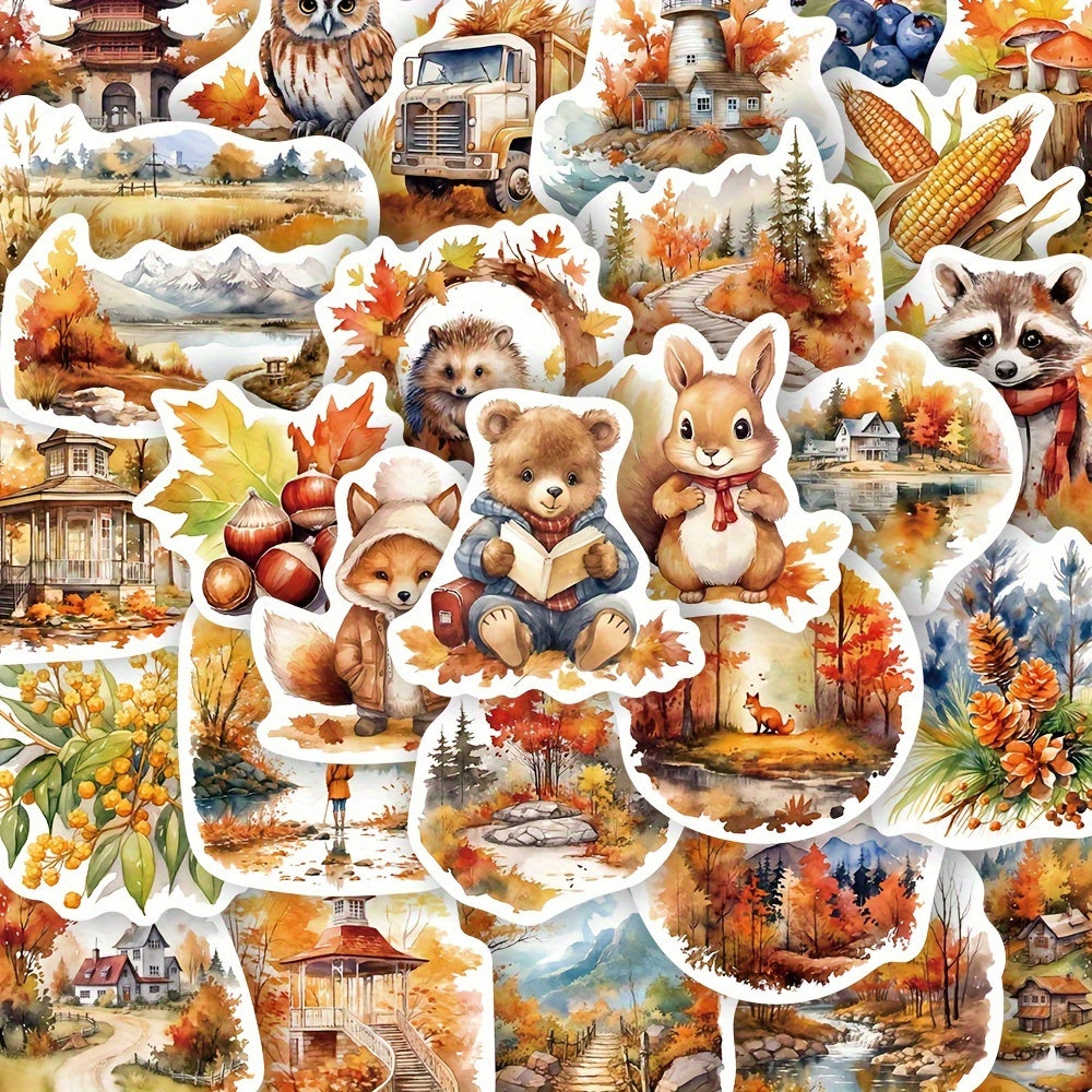 TEMU 50pcs Stickers - Vibrant Fall-themed Pvc Decals For Phone Cases, Laptops, Luggage & Tumblers - Adorable Animals, Scenic Landscapes & Seasonal