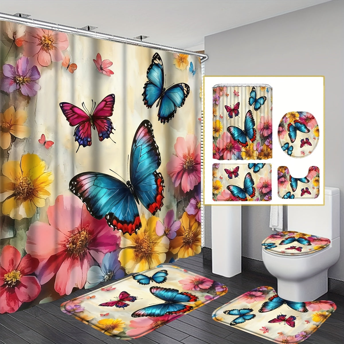 TEMU 4pcs Colorful & Shower Curtain, Vibrant Floral Bathroom Curtain With 12 Hooks, Non-slip Bathroom Mats, A U-shaped Toilet Mat, A Toilet Seat