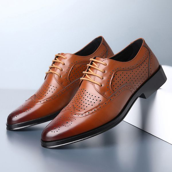 Spring Summer New Breathable Casual Leather Soft-Soled Classic Retro Lace-Up Mens Business Dress Office Leather Shoes Fashion Wedding Party