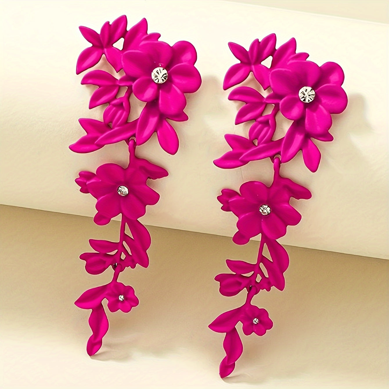 TEMU Boho-chic Vintage Floral Dangle Earrings With Sparkling Rhinestones - Zinc Alloy & Stainless Steel, Casual Attire Or Gifting