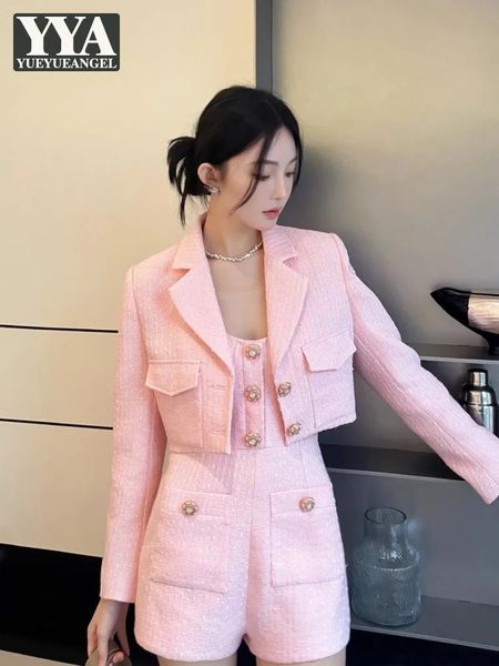 Office Lady Fashion Long Sleeve Pink Tweed Jacket Suspenders Playsuits Two Piece Set Sweet Women Spring Autumn Matching Sets 240702