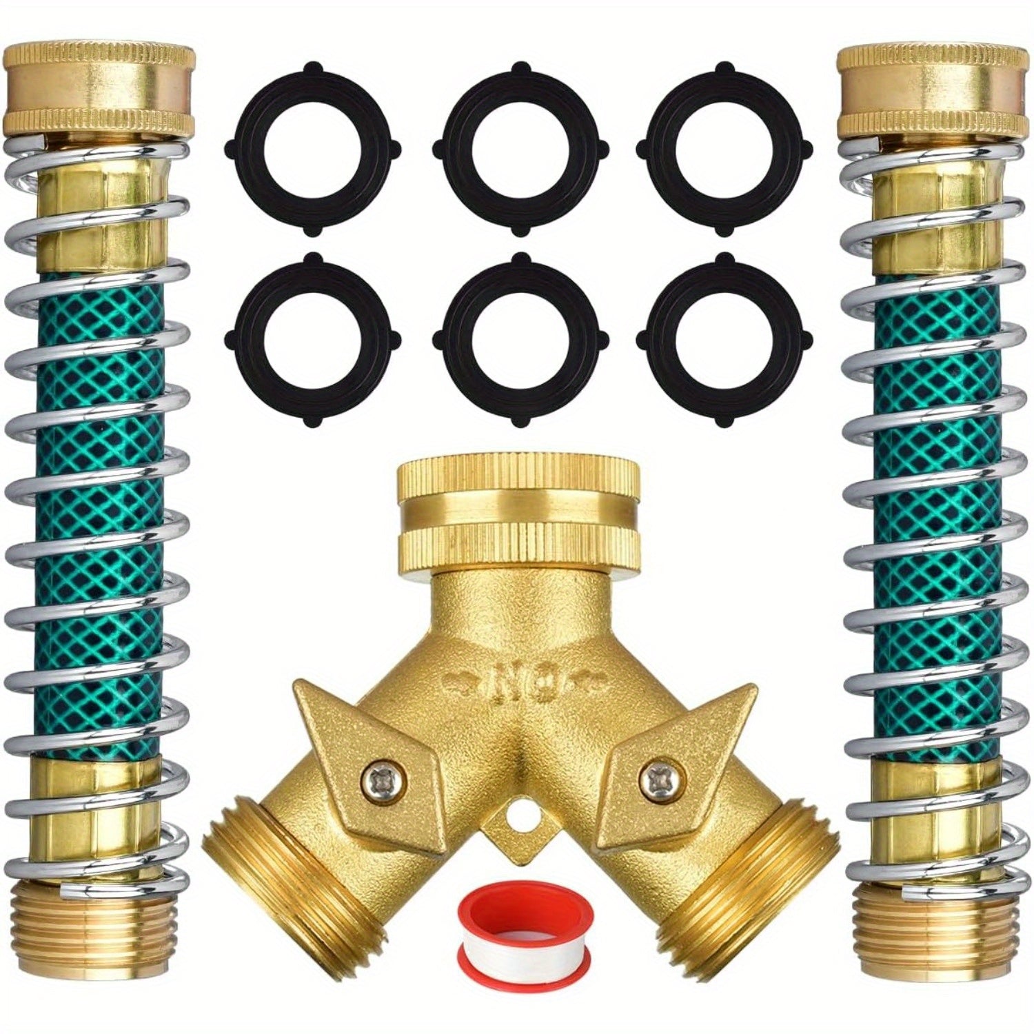 TEMU Brass Hose Splitter 2 Way, Heavy Duty Garden Hose Y Splitter With 2 Hose Protectors 6 Extra Rubber Washers