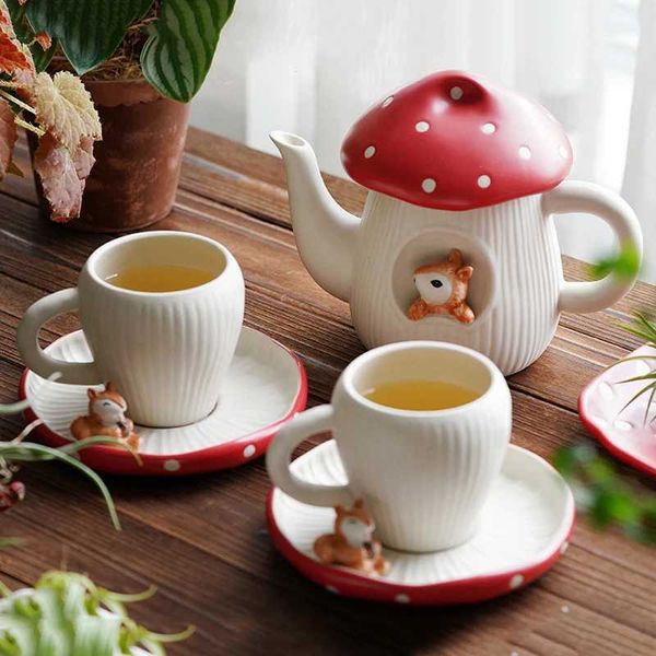 Mushroom Ceramic Cup Coffee Mug with Lid Breakfast Milk Cup and Disc Set Home Kettle Tableware Birthday Gift Kitchen UtensilsC241221