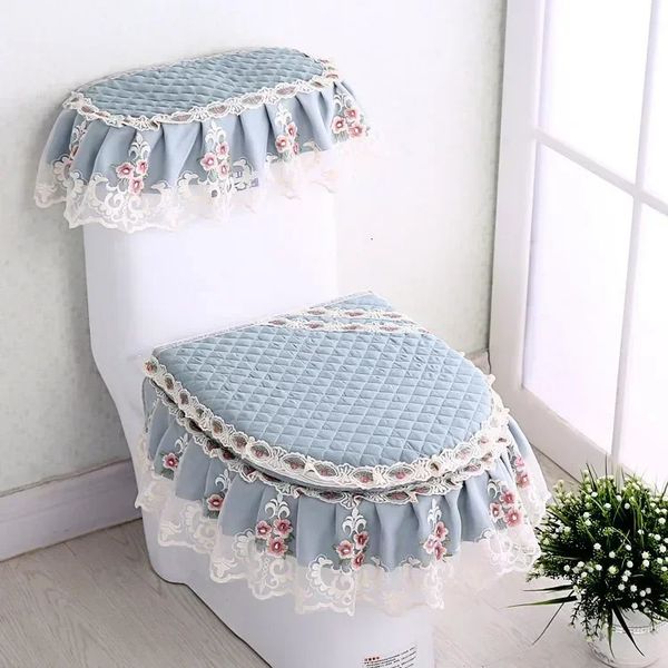 Printed lace fabric decorative toilet seat cushion three piece large subcutaneous swing toilet seat cover with zipper toilet dustproof toile