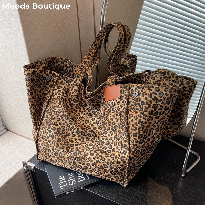 womens shoulder bag animal leopard print tote bag canvas large capacity shopping cart summer beach handbag 250103