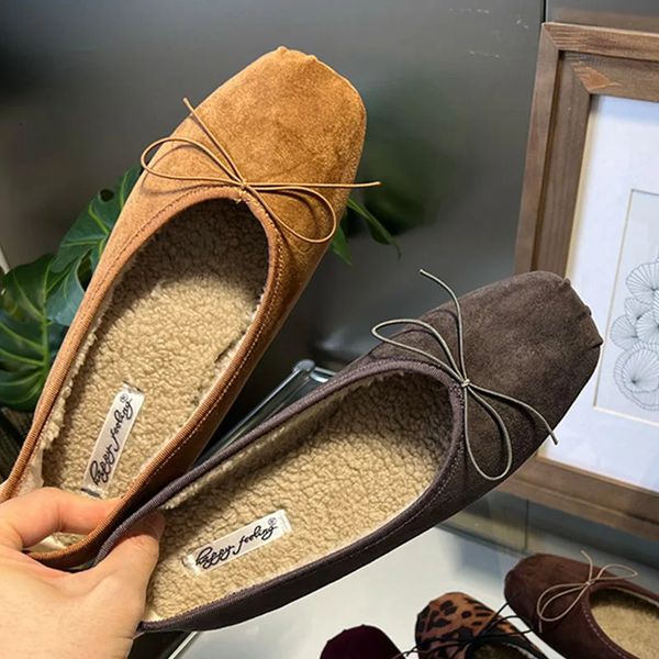 Soft Female Plush Warm Footwear Shallow Women Flats Fur Shoes Slides Butterfly-Knot Fashion Ladies Flats With Furry Shoes 241202