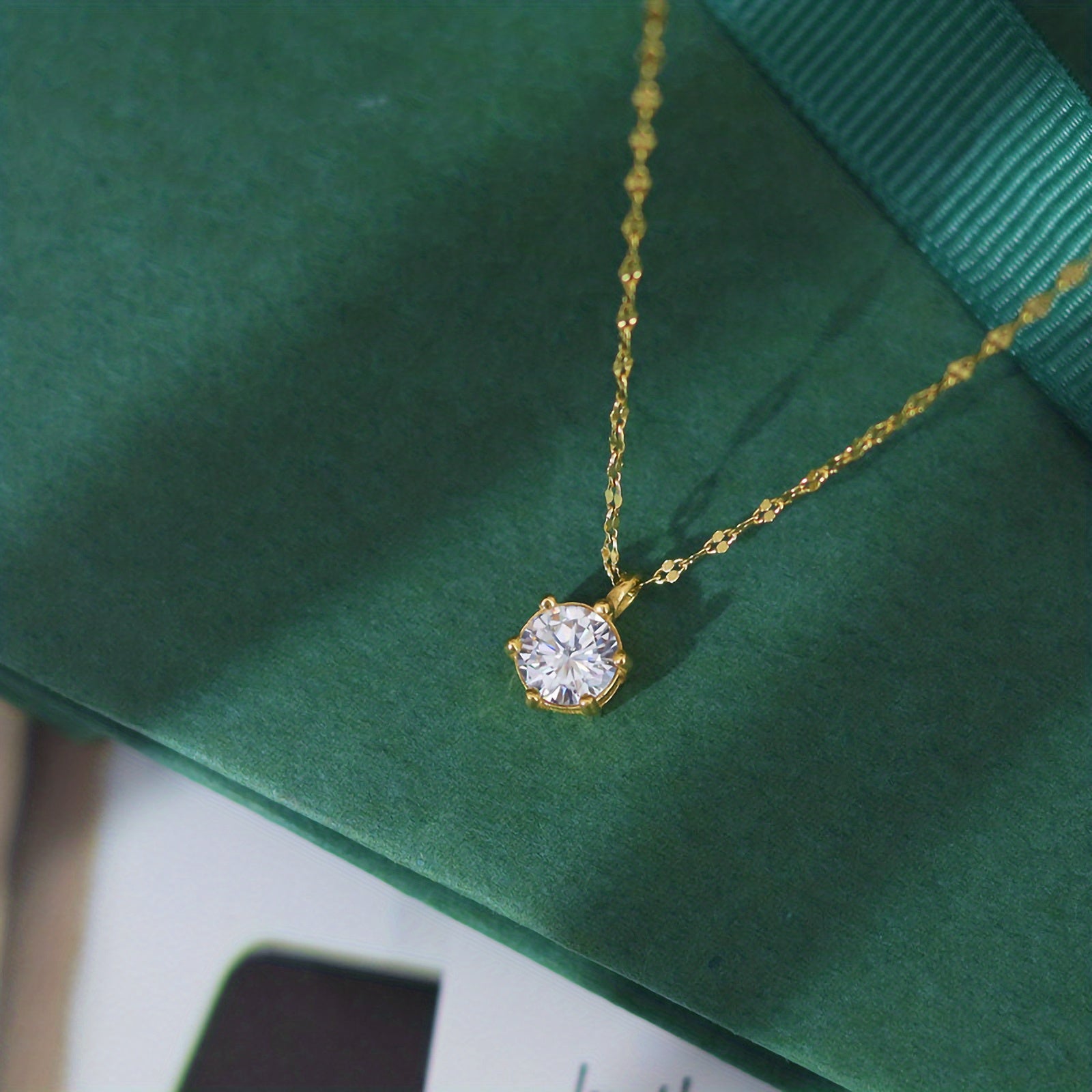 TEMU Lnchran Elegant Stainless Steel Necklace For Women - Hypoallergenic Six-claw Single Synthetic Zirconia Pendant, Golden-tone Petal Chain Design,