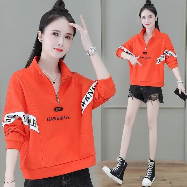 Half zip stand up collar letter hoodie for women in the spring autumn seasons of 2024, short loose and fashionable color blocked jacket ddmy