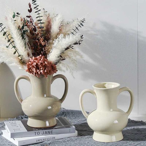 Vases Vases Nordic Ins Ceramic Double Ear Large Vase Ornaments Living Room Porch Desktop Flower Arrangement Vase Home Decoration Accessories
