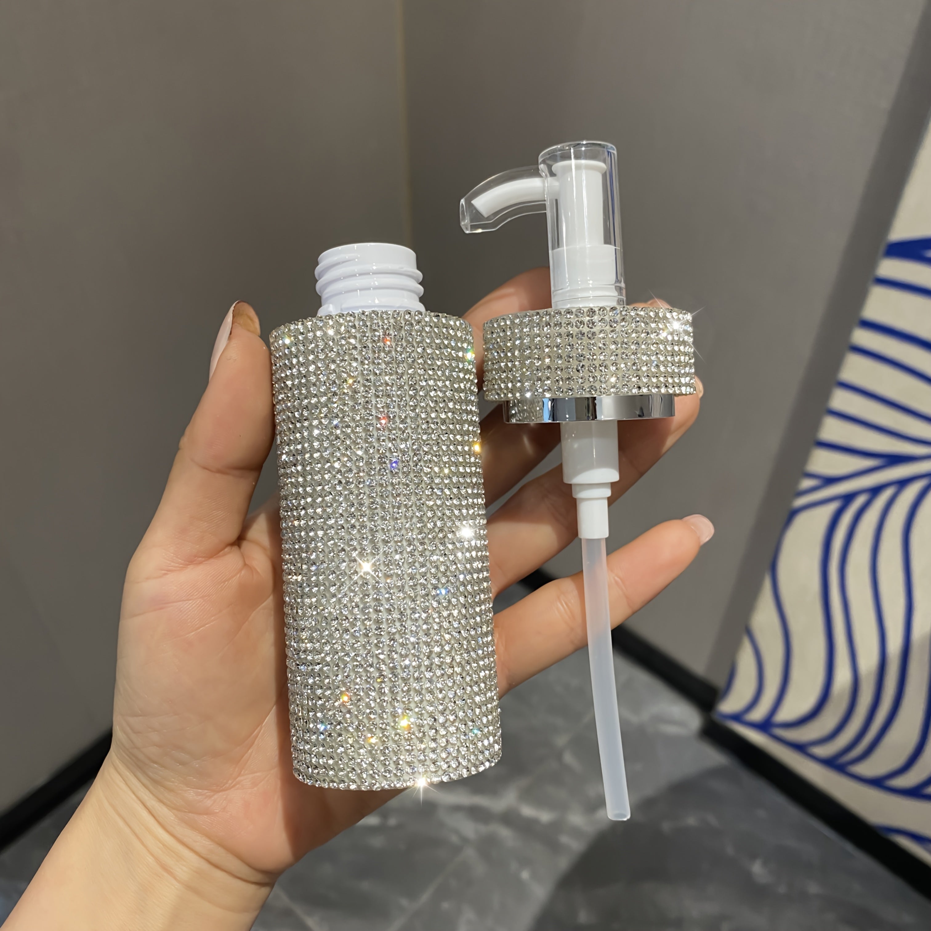 TEMU 1pc Luxury -embellished Bling Bling Shower Gel & Body Lotion Bottle With Pump Dispenser - Handcrafted, Phthalate-free Plastic, Fragrance-free,
