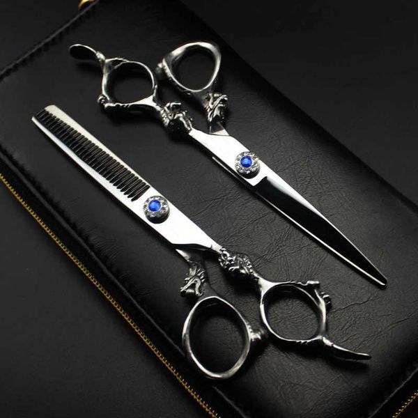 Professional Japan 440c 6 gem dragon hair cutting scissors haircut thinning barber haircutting shears Hairdresser scissorsY240731 Y240801