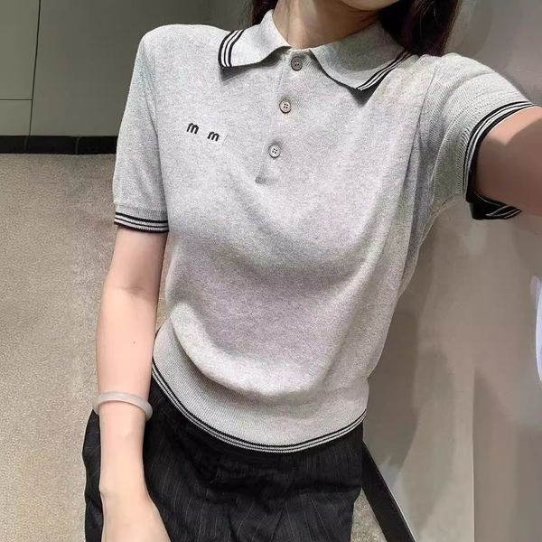 Trend T-Shirt Womens Miuu Autumn Style Letter Printed Jacquard Color Blocked Stripe Flip Collar Short Sleeve Knitted Polo Shirt Soft Comfort