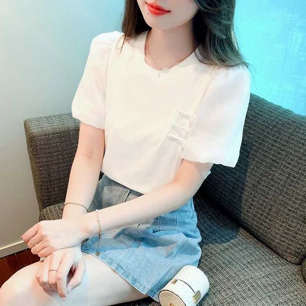 Women&#039;s Blouses Shirts Fashion Summer Short Slve Women T-shirt O Neck White Puff Slve Swt Blouses Elegant Casual Tops Y240510