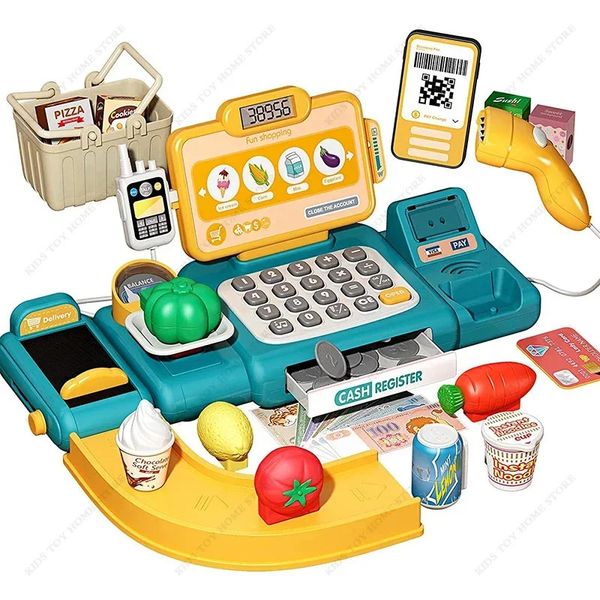 Kitchens Play Food Pretend Calculator Cash Register Toy Supermarket Shop Cashier Registers with Scanner Microphone Credit Card Gifts for Kid