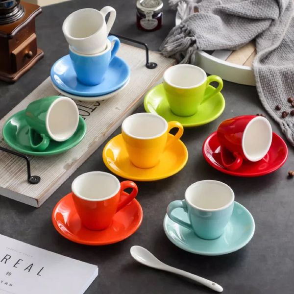 80ML Color Ceramic Coffee Cup Set Afternoon Tea Cups and Plates Breakfast Milk Mug Ceramic Espresso Coffee Cup Wholesale 241223