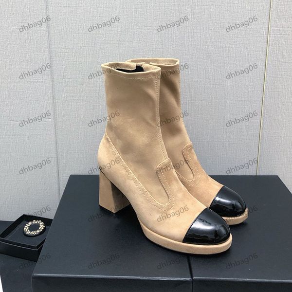 High heels Designer Ladies Chunky heeled suede 2024 zipper fashion naked boots with dust bag mule