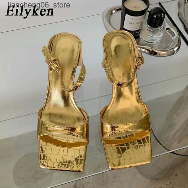 Slippers Eilyken designs elegant square heel sandals with gold and silver womens slippers high-quality button up slippers L240910
