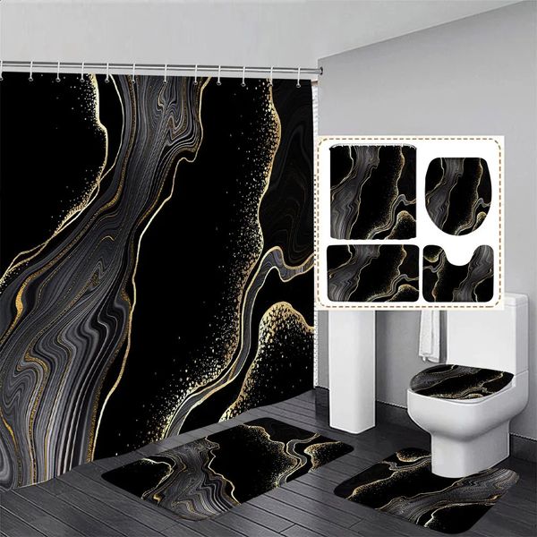 Black marble shower curtain set with gold lines abstract texture patterns modern bathroom decoration anti slip carpet bath mat toilet seat 2