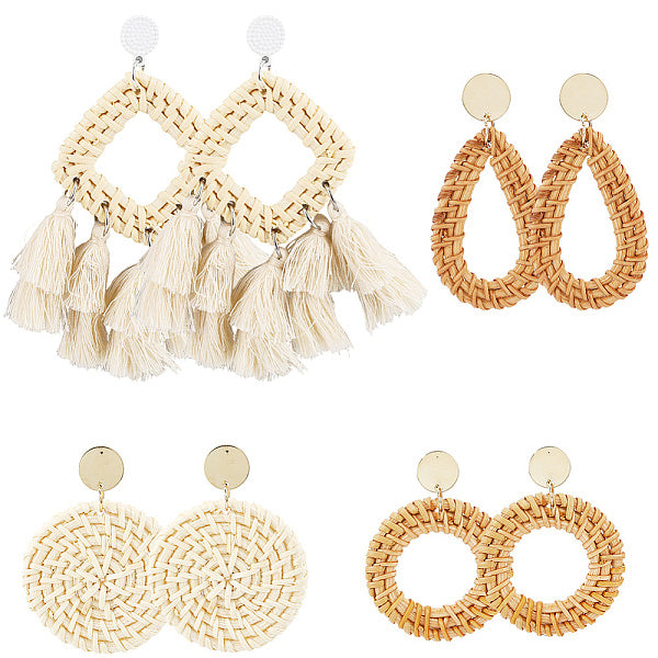 4 paire de boucles d'oreilles pendantes en rotin