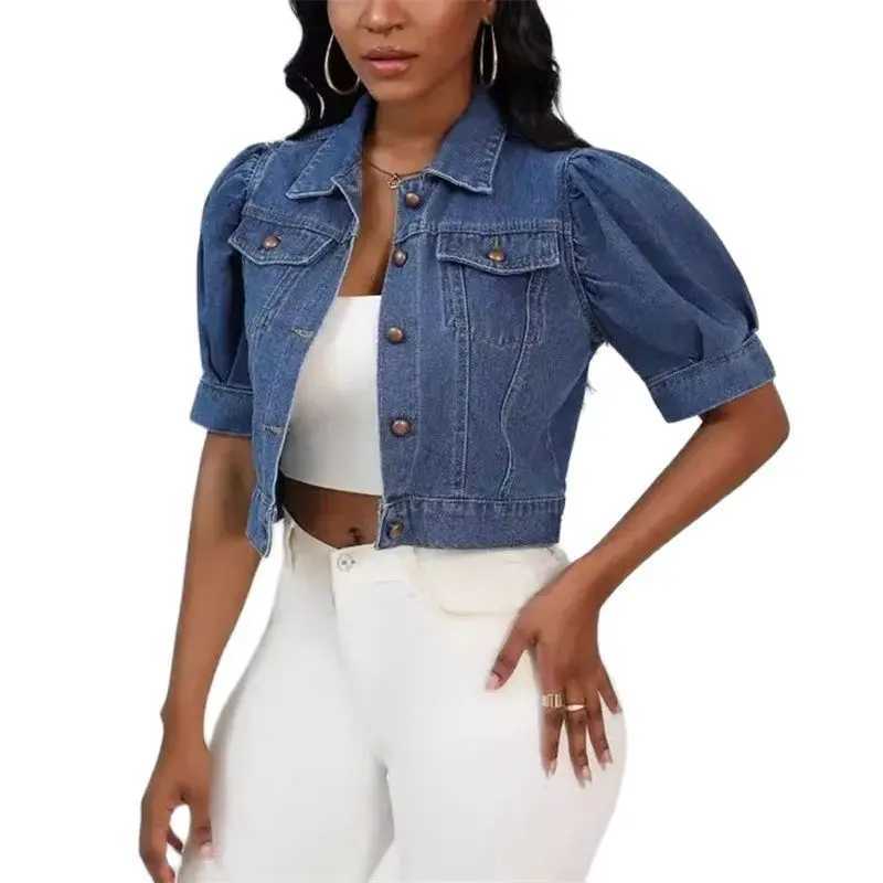 Women New Lapel Single Breasted Cardigan Denim Short Jacket Bubble Sleeve Outerwear Summer Casual Female Coat Stylish StreetwearX240920