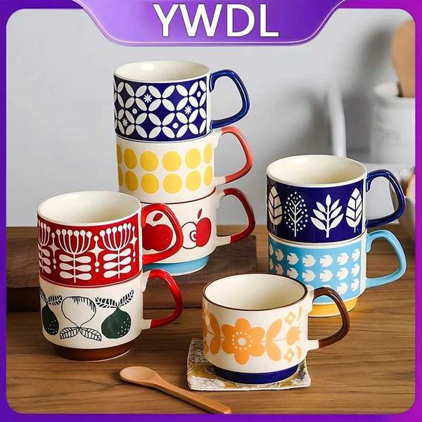 YWDL Japanese Flower Coffee Mug Set Retro Ceramic Milk Oats Mug Office Water Handgrip Cup Kitchen Party Drinkware Set 300mlT250211