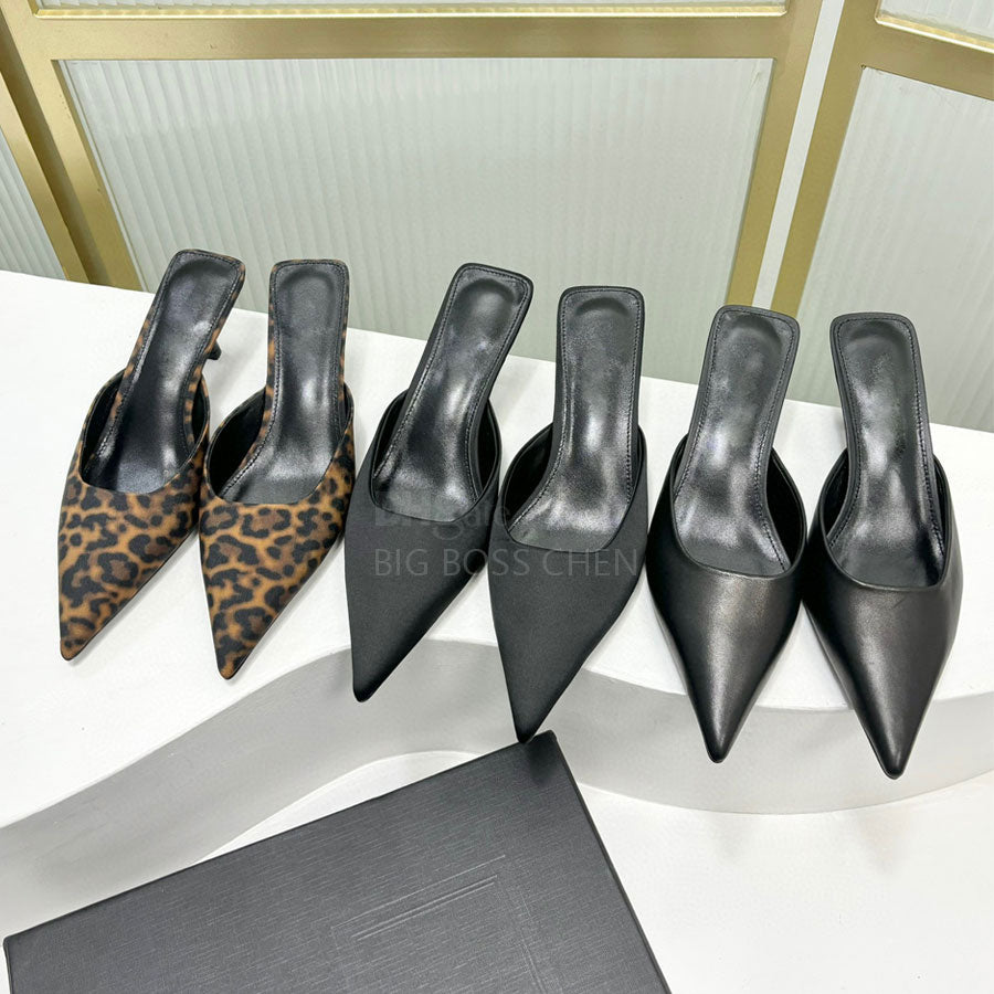Top quality simple fashion Real leather silk mules shoes Kitten heels Slippers sandals Pointed toes slip on slides Luxury designer heels Evening sho