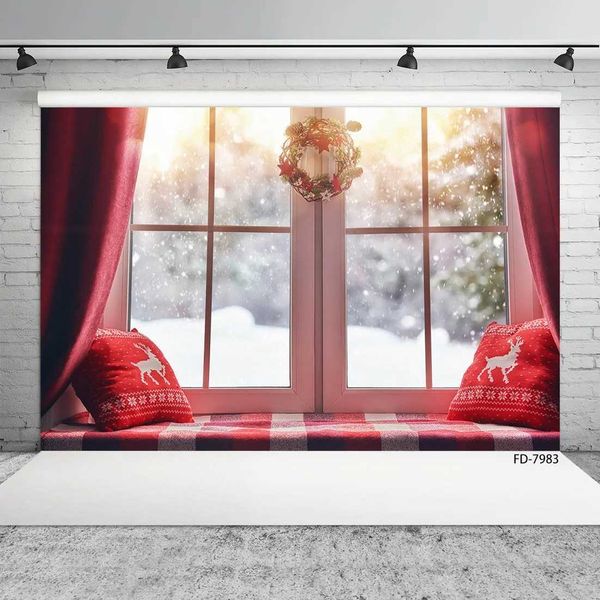 Background Material Winter Christmas Backgrounds For Photo Red Curtains Window Garland Family Shoot Photocall Baby Children Photography Back