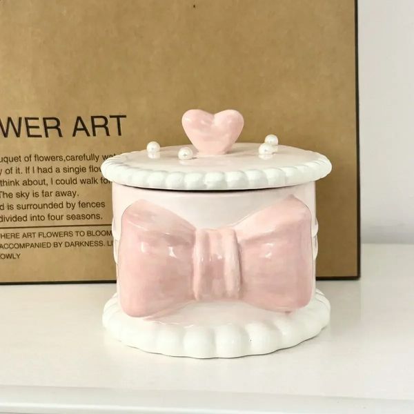 Tabletop Holiday Home Jewelry Gift Storage Jar Creative Decoration Cosmetics Painted Ceramic Bow Box Girl Pearl Trinket Cute 241223