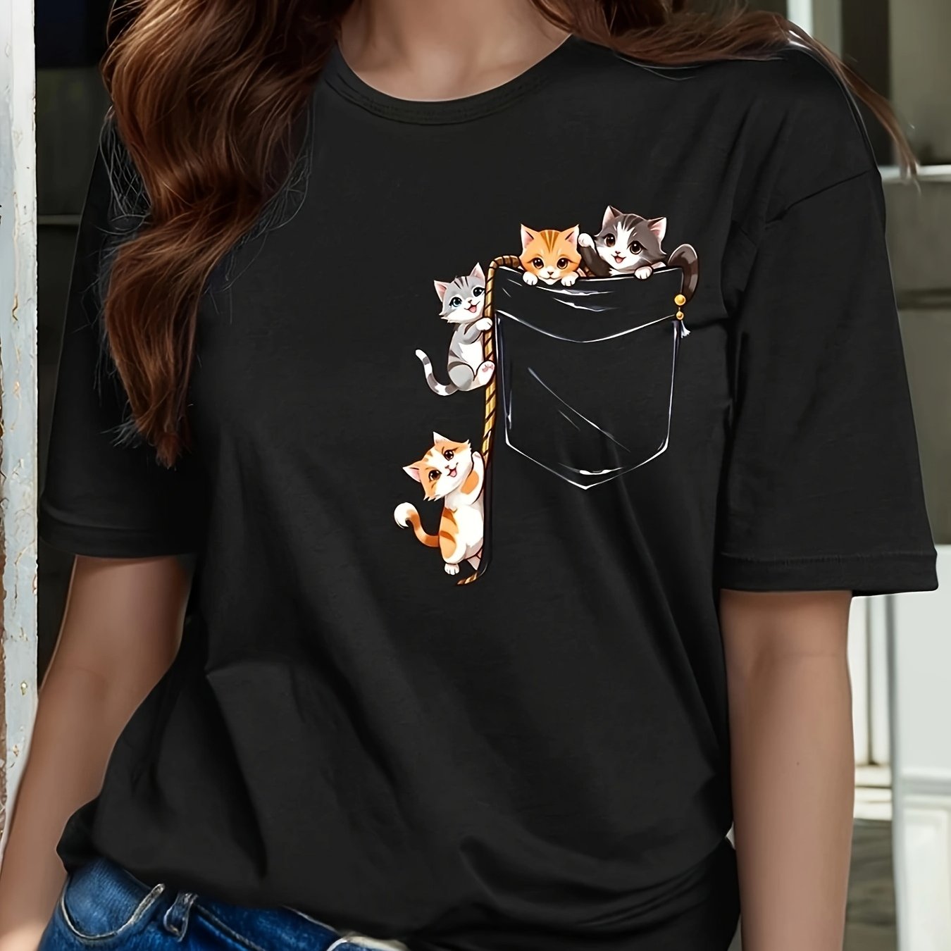 TEMU Women's Casual Loose Short-sleeved 100% T-shirt, Pocket Multiple Cats Printed T-shirt, Cute Pocket Cats, Breathable Round Neck Top, Suitable For