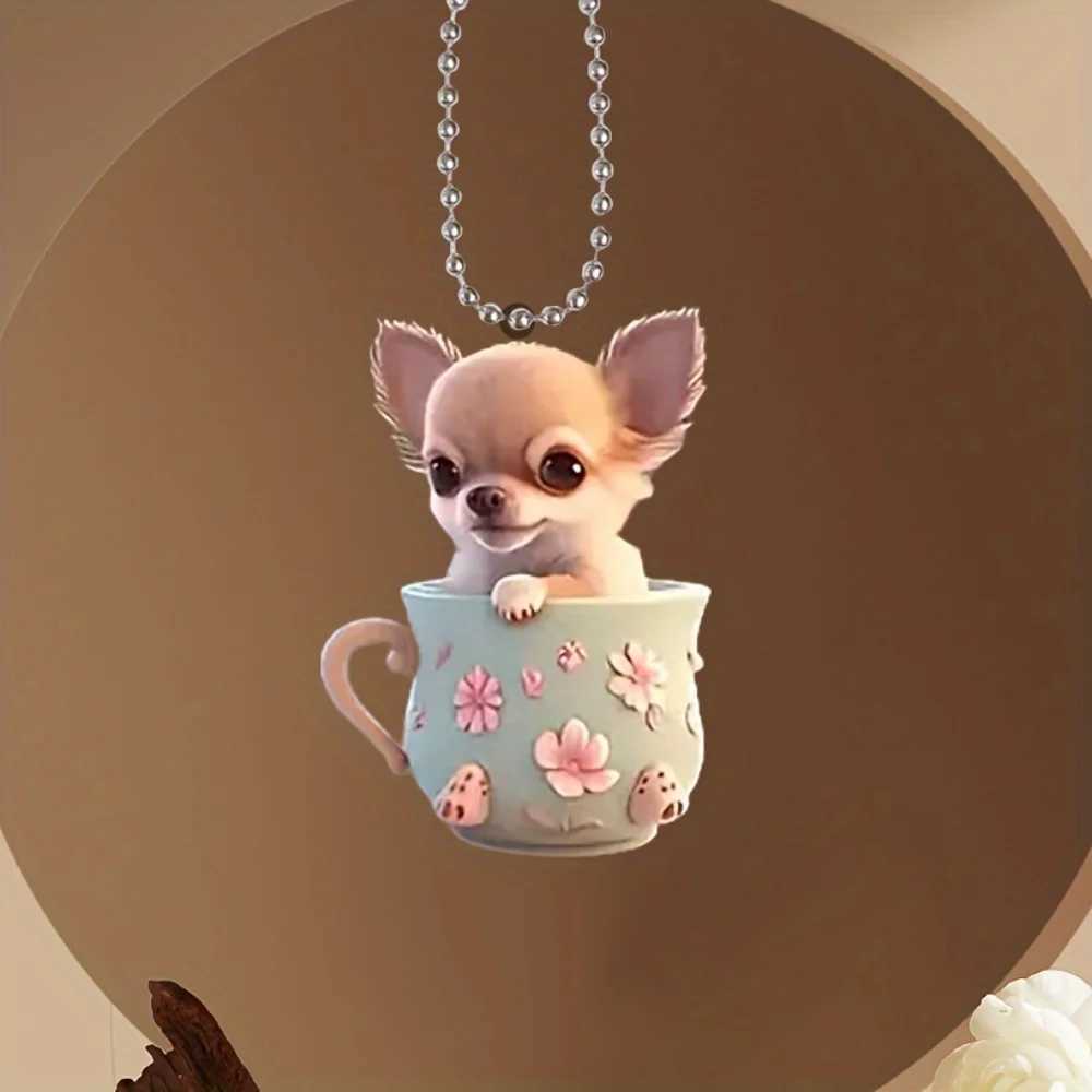 Chic Acrylic Chihuahua Tea Cup Keychain Cute Puppy Versatile Pendant Charm For Car MirrorBackpacksHomeFestiveGift DecorX240919