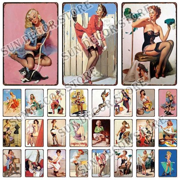 High Quality European and American Retro Pin Girl Retro Metal Logo Plaque Poster Tin Wall Decoration Bar Club Mens Cave Retro Plaque A-2657