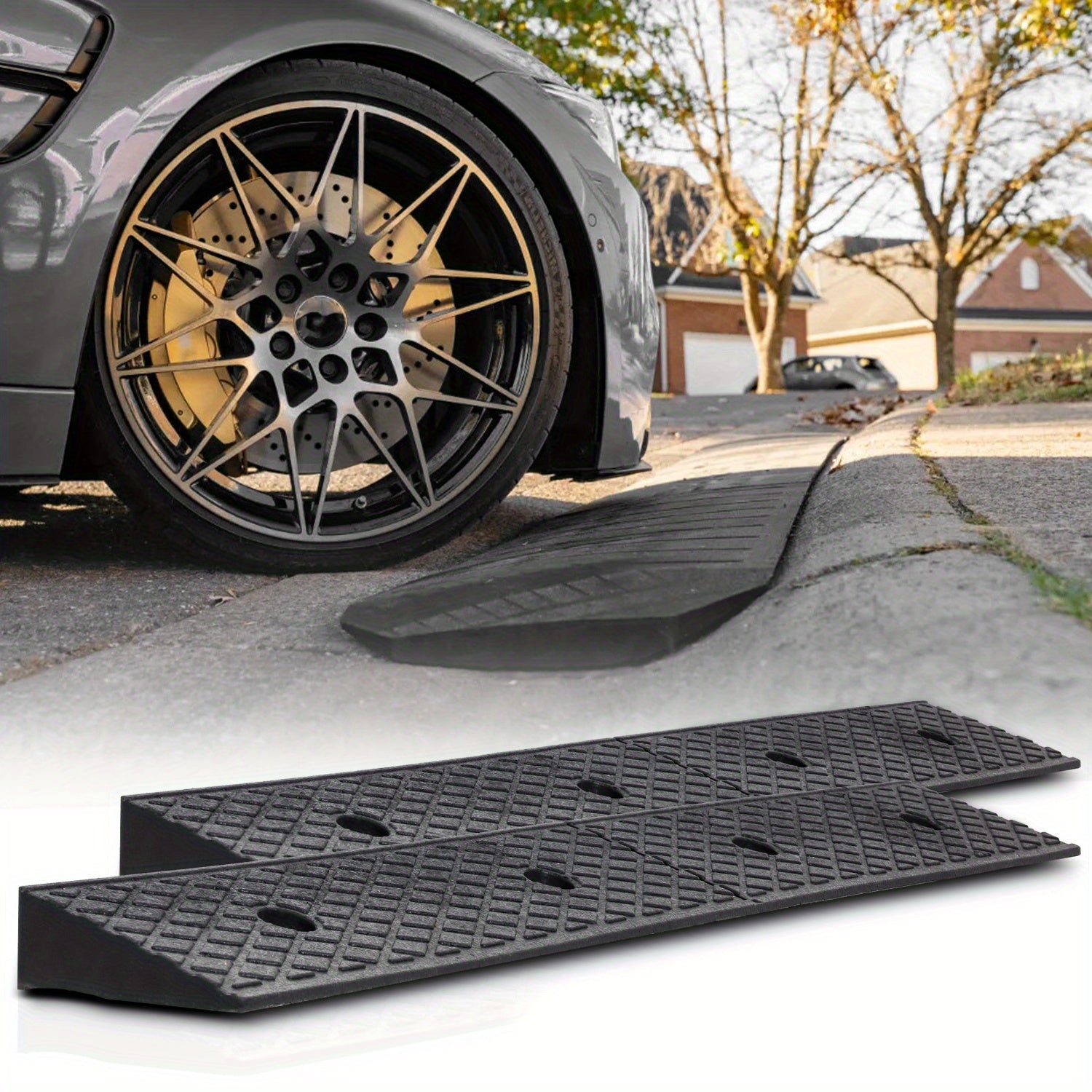 TEMU 2pcs Heavy Duty 2" Rise Rubber Curb Ramps - 38, 6" Long X 5, 9" Wide X 2" High, Non-slip Textured Surface For Cars, Motorcycles, Wheelchairs,