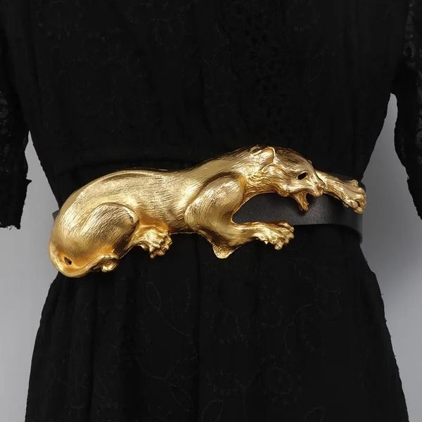 Womens Fashion Black Genuine Leather Gold Leopard corset Female Cummerbund Coat Waistband Dress Decration Wide Belt J005 241227