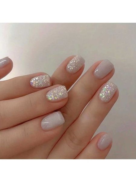 24pcs Glossy Short Square Fake Nails Nude Color Press On Nails With Shiny Sequin Design Minimalist Style False Nails With 1 NaXJ241025