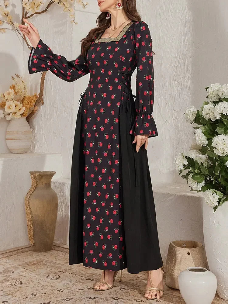 Select Floral Prints Solid Color Side Belt A-Line Modest Elegant Jalabiyas Even Dress Women&#039;s Long Dress Square Neckline