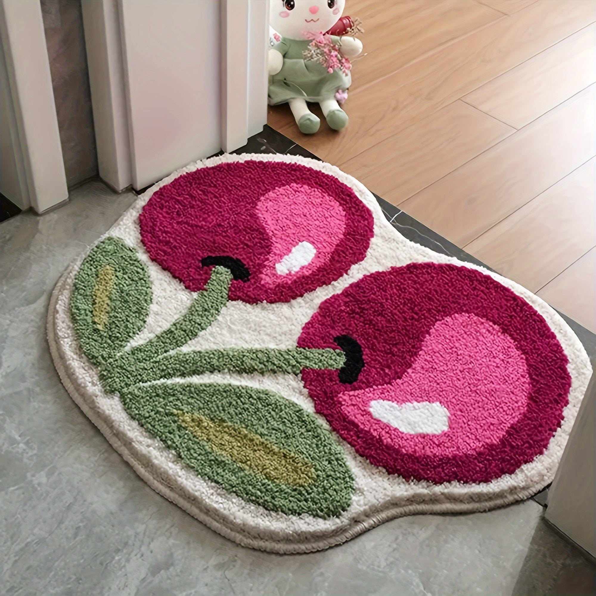 TEMU Cherry Shaped Fluffy Velvet Bath Mat, Non-slip Machine Washable, Fun Artistic Cute Bathroom Door Rug, Foot Pad For Shower, 19.6x23.6 Inches