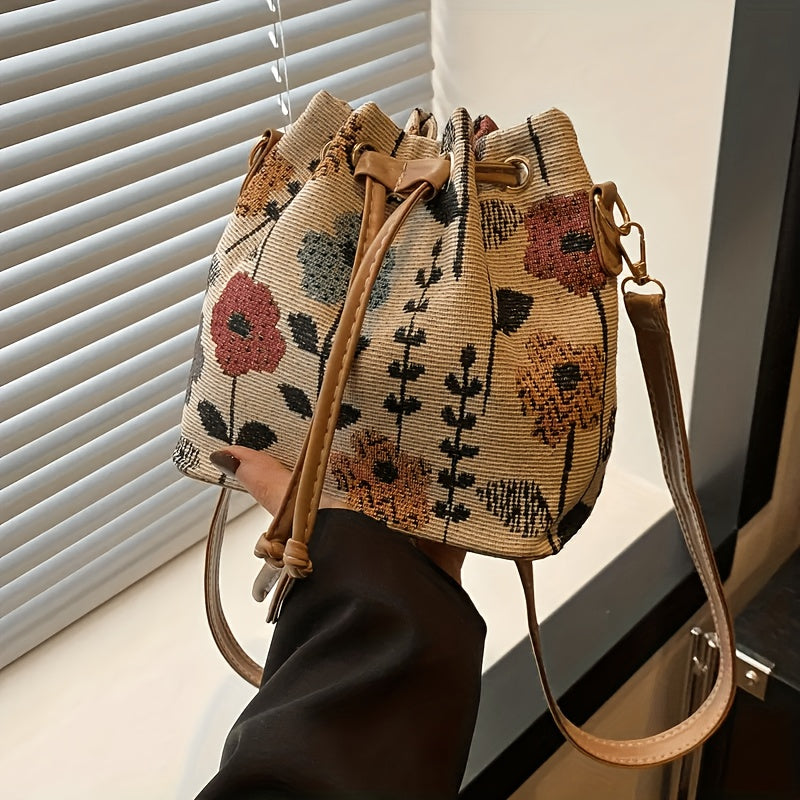 TEMU Women's Floral Print Bucket Bag With Adjustable Drawstring Closure - Spacious Crossbody Handbag, Polyester Lined For Casual & Formal Occasions,