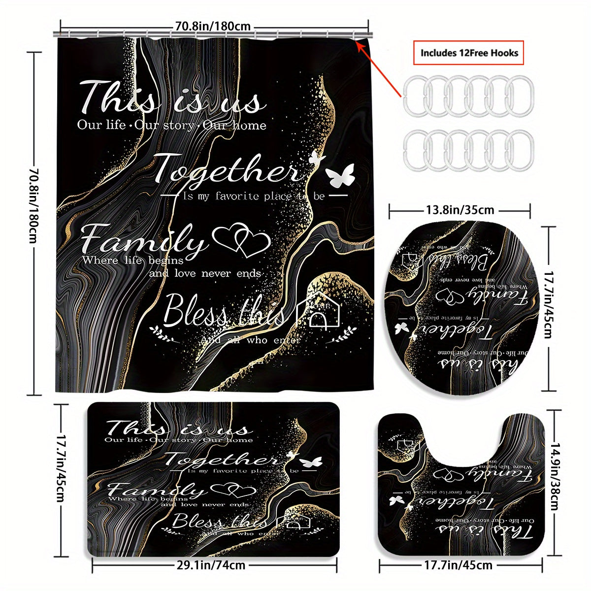 TEMU 4pcs Ink-golden Warm Words Family Pattern Bath Curtain Set, Waterproof Bath Curtain For Bathtub Partition, Waterproof Bathroom Partition Curtain
